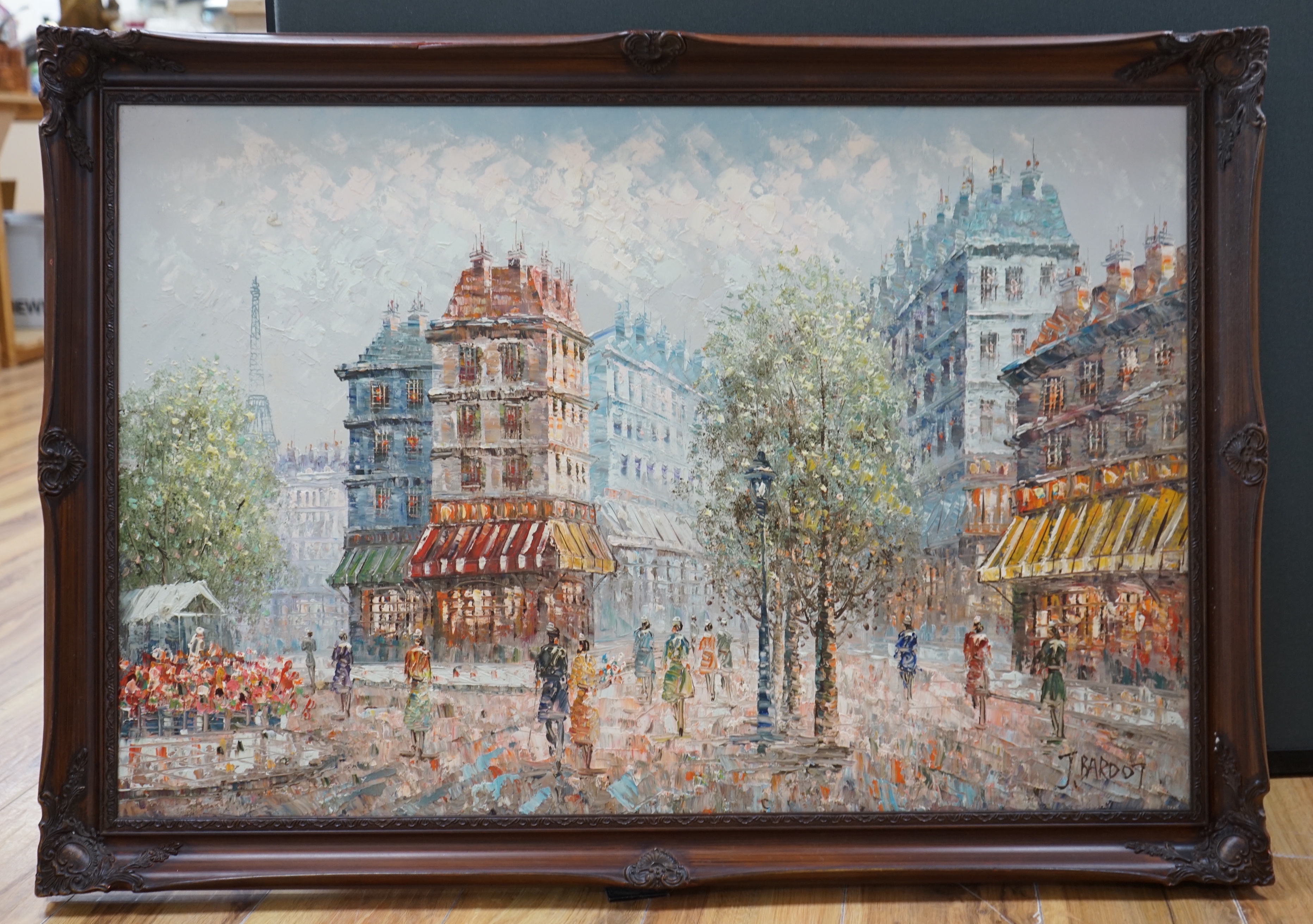 J. Bardot (French, 20th. C), impressionist oil on canvas, Parisian street scene, signed, 90cm x 60cm